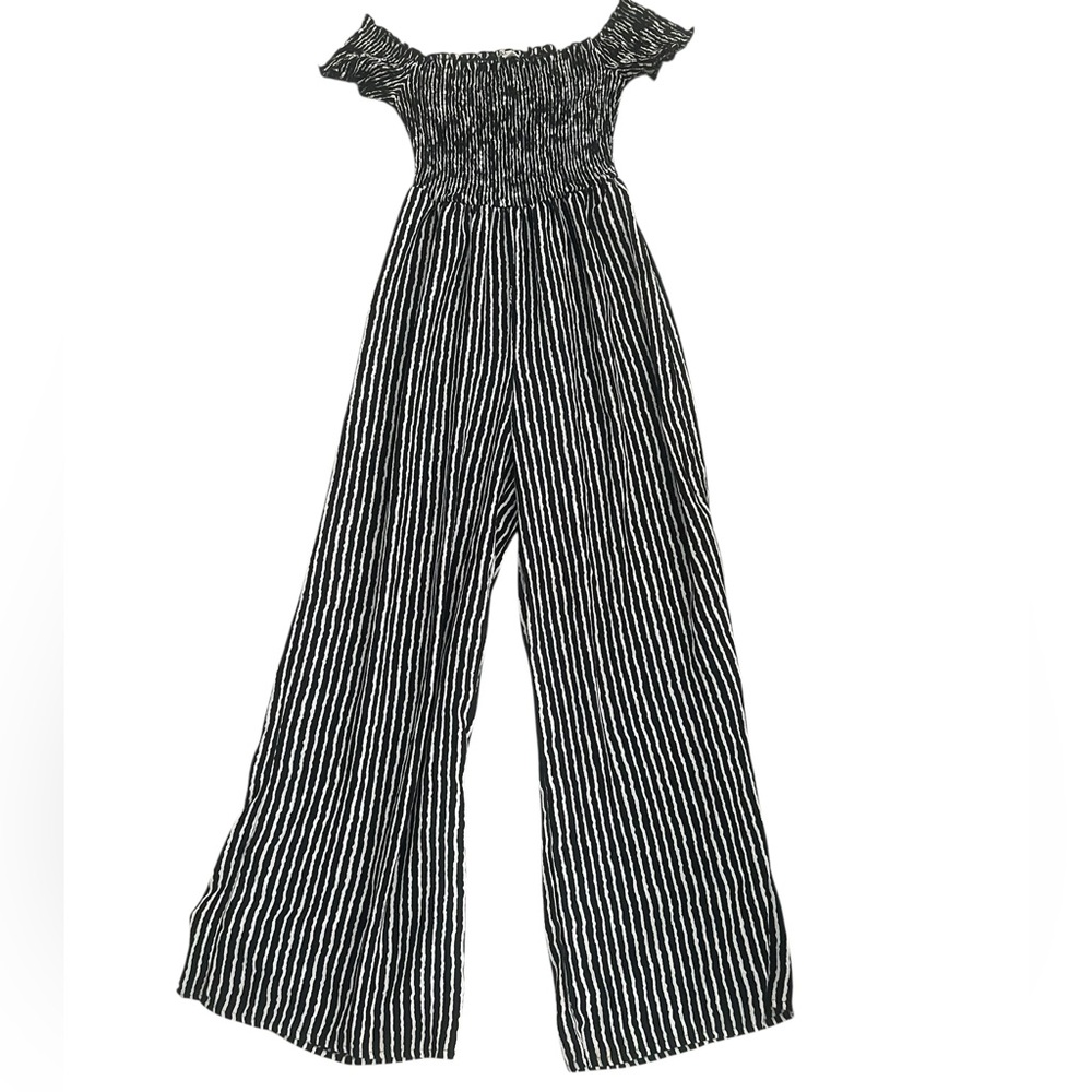 J for Justify Black & White Striped Off-Shoulder Jumpsuit L